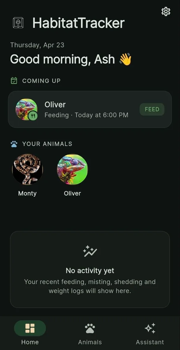 HabitatTracker dashboard showing the user's collection of animals