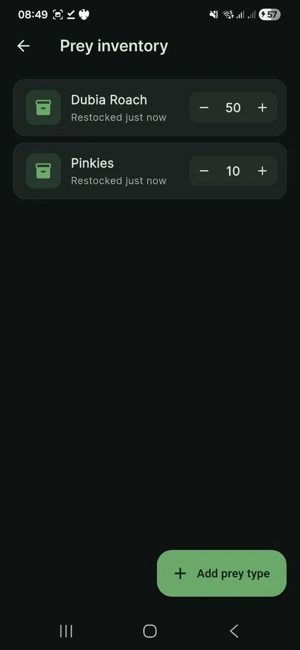 Prey inventory screen showing stocked items